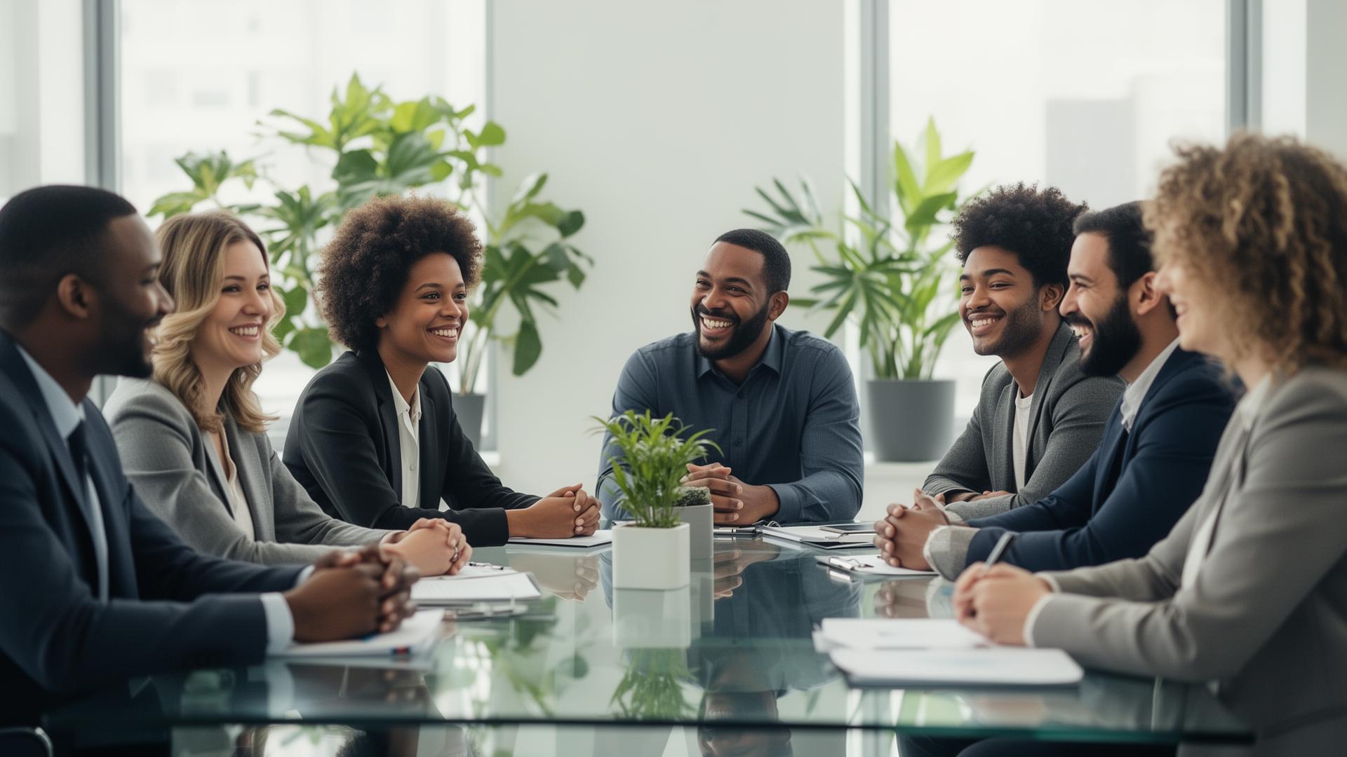 A UK workplace team in conversation around a meeting table